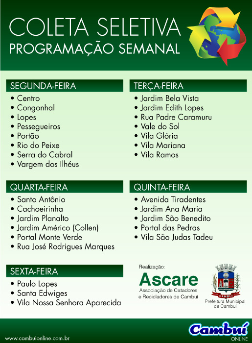 Programação Semanal da Coleta Seletiva em Cambuí